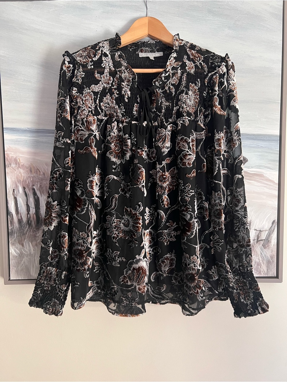 Daniel Rainn Velvet Burnout Floral Smocked Blouse Top Sz L Black Boho Whimsical